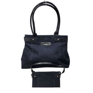 Kenneth Cole Black Suede Top Handle Tote & Mini‎ Bag Wallet Contrast Stitching